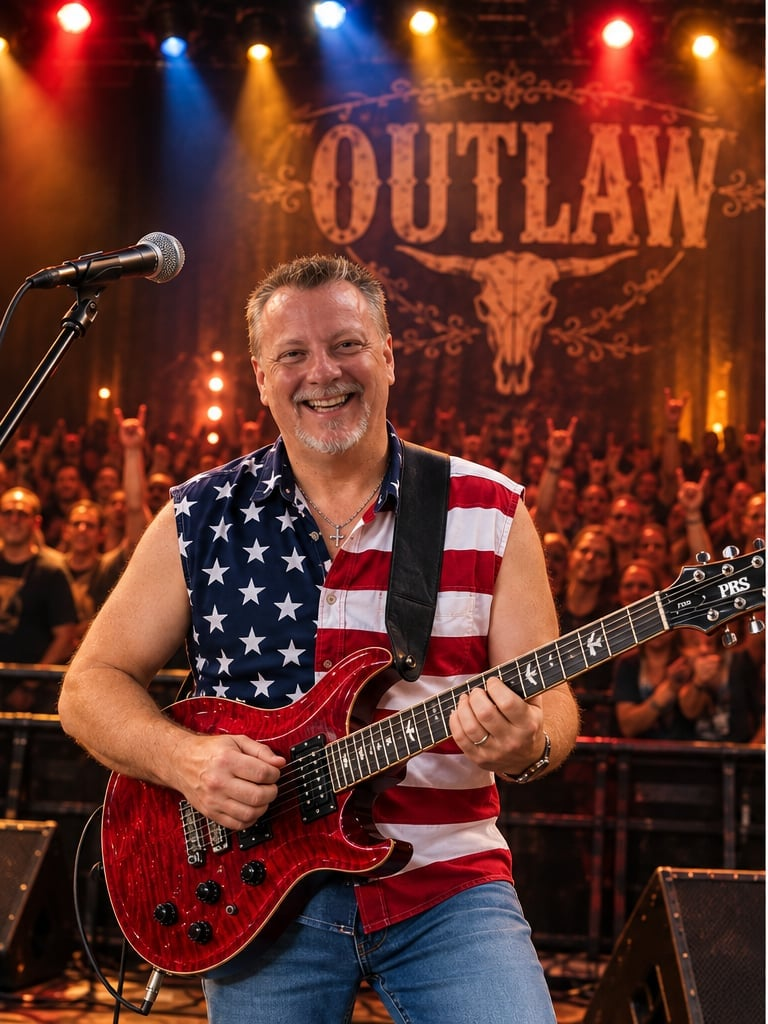 John DeRosa performing on Outlaw stage with red guitar